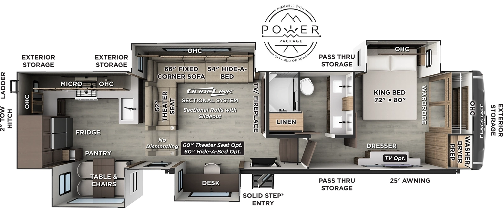 The Flagstaff Classic Fifth Wheels 404CRK floorplan has one entry and four slide outs. Exterior features include: fiberglass exterior and 25' awning. Interiors features include: rear kitchen, free-standing dinette option and front bedroom.